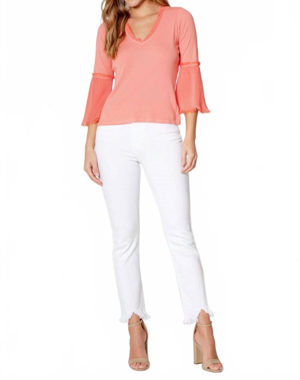 NEW MAVEN WEST frayed v-neck bell sleeve top in peach